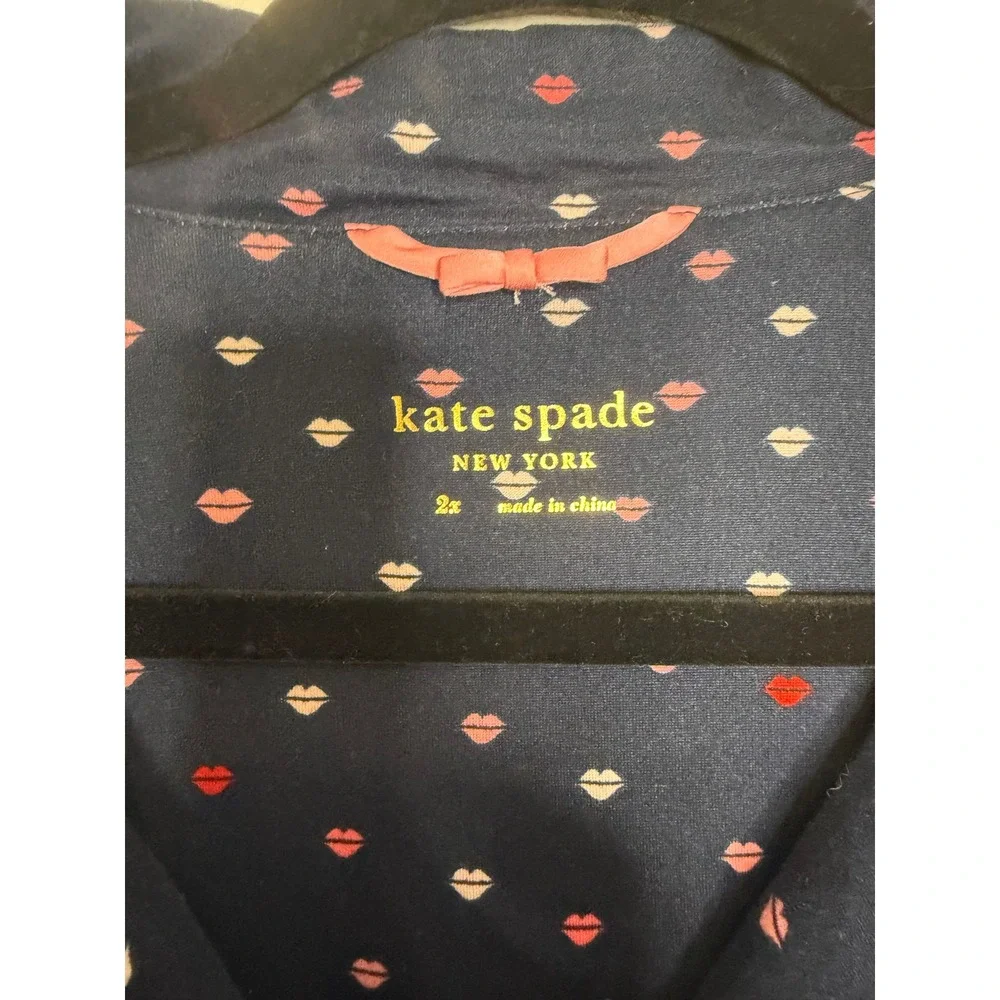 Kate Spade New York Pajama Set Navy Blue Lip Print Button Down Pants Womens 2X